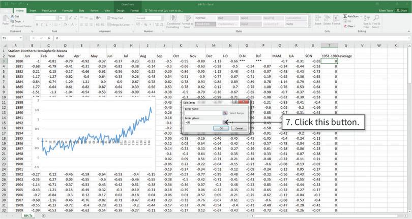 Add a horizontal line showing the 1951–1980 average
: The following box will pop up. You need to fill the two spaces with information about the new series. The first space is for the series name, and the second space is for the cells containing the vertical axis values.
