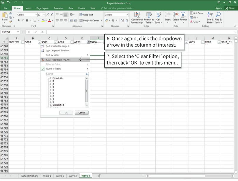 Clear the filter to see the rest of the data
: After removing the specified rows, clear the filter to see the rest of your data. You will see that the number of rows has decreased.
