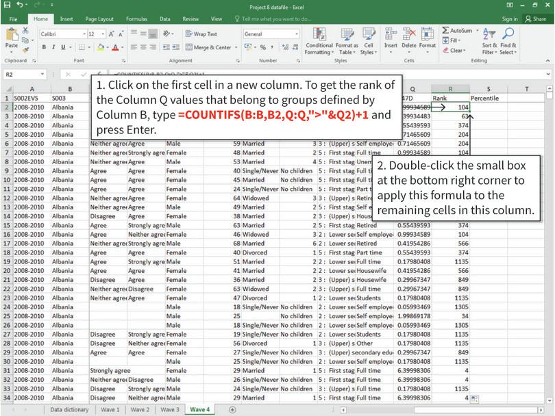 Calculate the rank of each observation
: The intuition behind our rank calculation is that an observation’s rank is the number of observations larger than it, plus 1. (For example, if there were only two numbers, the smaller number should be ranked 2 and the larger number ranked 1). By default, Excel will rank observations from largest to smallest (higher numbers will have lower ranks). We need this setting to calculate percentiles. 
In this example, we need to rank observations only within the country it belongs to, not the entire dataset, so we use this as a condition in COUNTIFS.
