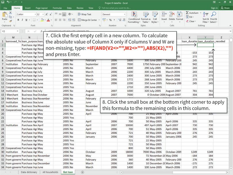 Recode incorrect durations
: Excel’s ABS function converts any value to its positive counterpart. After Step 8, the negative values in Column X are now recorded as positive numbers in Column Y. Again, we used the AND function so that Excel only did this for non-blank cells (in this case, the condition AND(X2<>“”) would give the same results).
