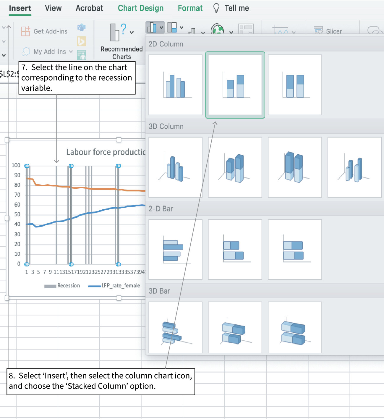 Convert the recession variable into a column chart: For Mac users
: The new variable you added will appear as a line. To convert it to shaded areas, select that line. In the ‘Insert’ tab, select the column chart icon and choose the ‘Stacked Column’ option.
