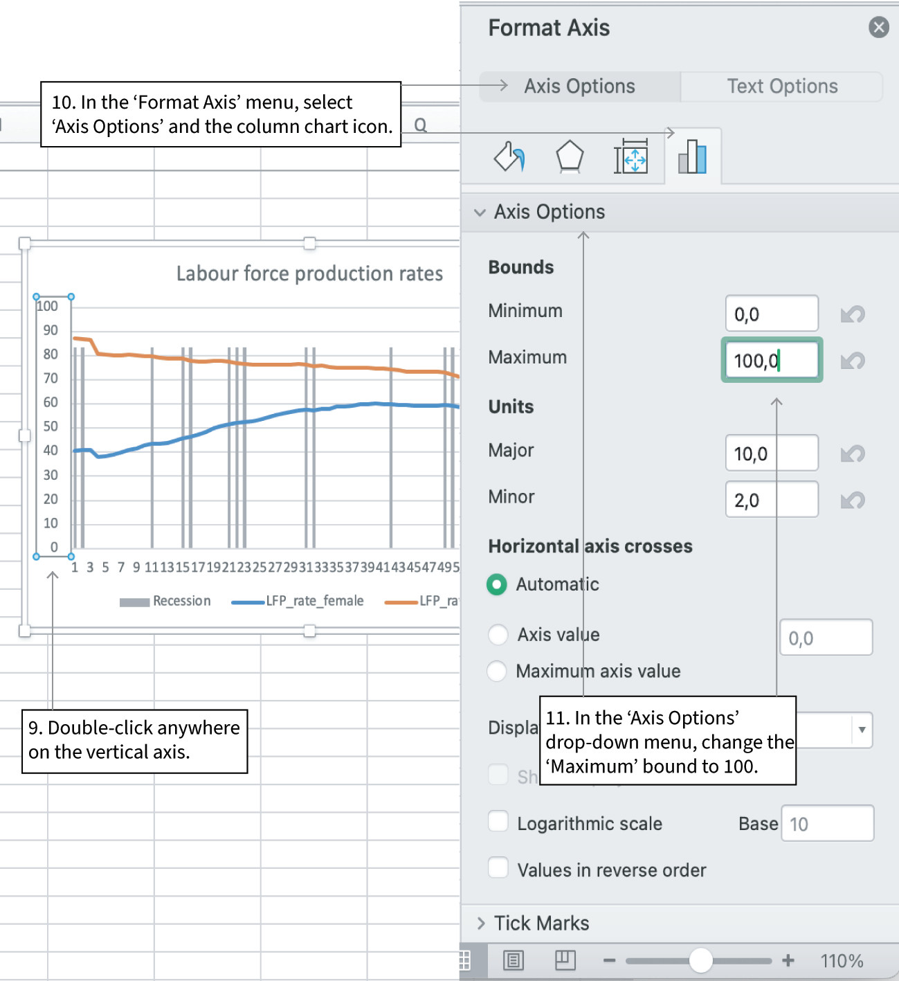 Customise the recession variable: Optional, for Mac users only
: You can adjust the vertical axis range so that the shaded bars cover the entire height of the chart. Double-click on the vertical axis and in the menu that appears, select the column chart icon. In the ‘Axis Options’ drop-down menu, under ‘Bounds’, change the ‘Maximum’ to 100, as shown.
