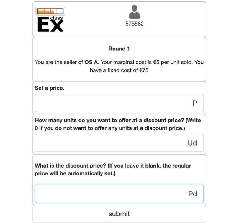 Price setting screen for Round 1. Sellers must set a regular price \(P\) for their OS, the number of units they want to sell at a discount price (\(Ud\)), and the discount price (\(Pd\)). Sellers cannot sell below the marginal cost of €5.