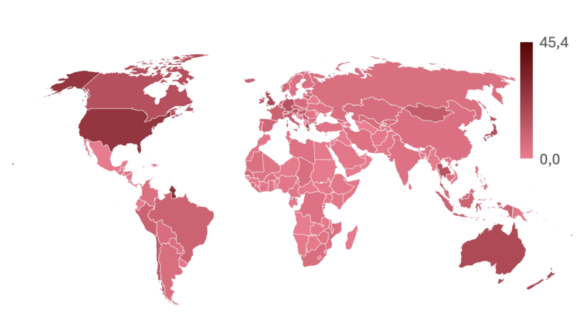A world map showing government expenditure in the non-health sector in response to COVID-19 (2020–2021) as a percentage of GDP. Countries such as the United States, Canada, and Australia show higher spending, while countries across Africa and parts of South and Southeast Asia display lower spending. European and Latin American nations generally fall in the middle range.