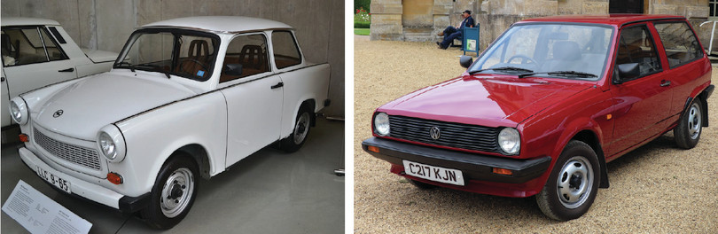 Cars from East Germany vs Cars from West Germany. The left panel shows a DDR-specification Trabant 601 S. The right panel shows a 1986 Volkswagen Polo C Formel E 1.3.