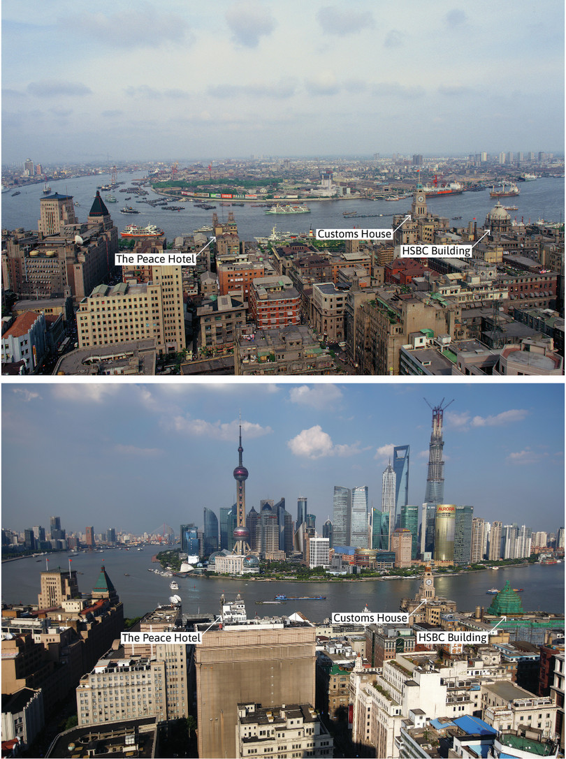 There are two panels showing the Shanghai skyline with the Bund in the foreground and Pudong in the background, 1987 (top panel) and 2013 (bottom panel). From left to right, the Peace Hotel, Customs House, and the HSBC building on the Bund are marked in both images.